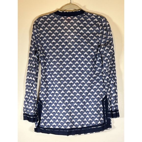 Tory Burch Blue White Geometric Print Long Sleeve‎ Tunic Top - Picture 2 of 6